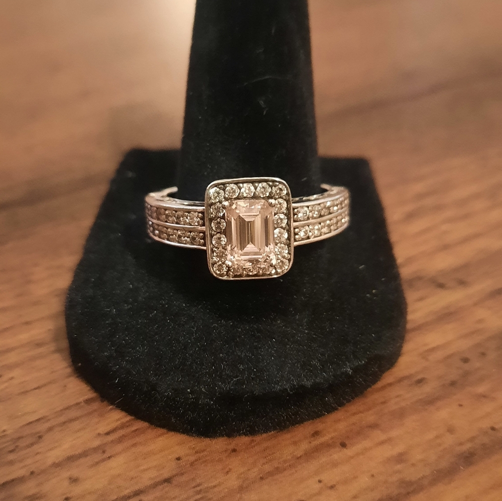 Vintage DQCZ Diamonique Pale Pink Stone Ring~Pavè Setting Sterling Silver Sz 10